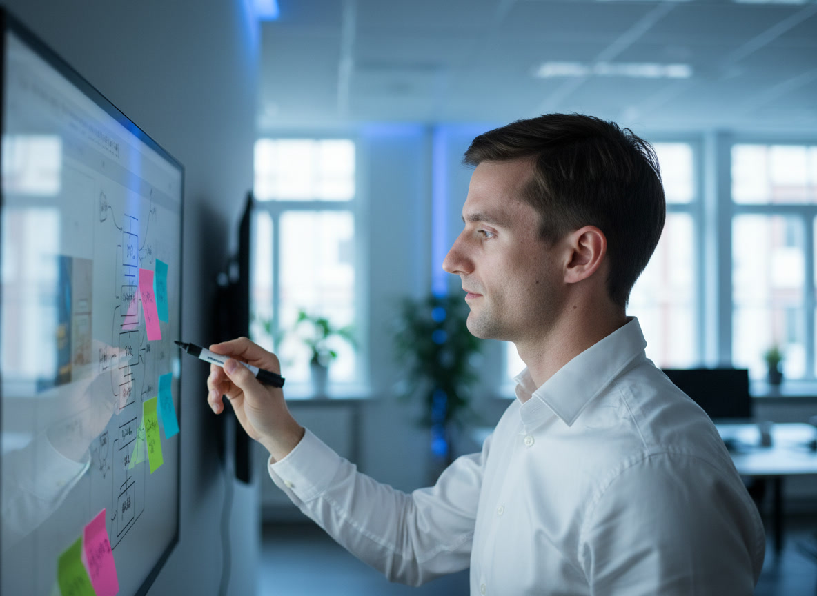 Jerome werkt een concept uit op een digitaal whiteboard